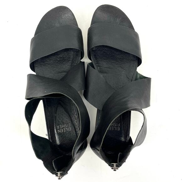 Eileen Fisher Black Leather Wide Strap Open Toe Zip Back Sandals - Size 10 - Picture 8 of 9